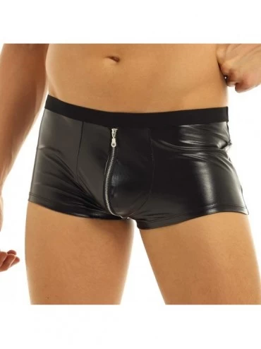 Boxers Mens Wet Look Leather Zipper Bulge Pouch Low Rise Boxer Briefs Shorts Panties Underwear - Black - CJ18T6S7E2X $12.65
