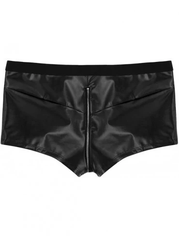 Boxers Mens Wet Look Leather Zipper Bulge Pouch Low Rise Boxer Briefs Shorts Panties Underwear - Black - CJ18T6S7E2X $12.65