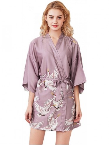 Robes Womens Silky Satin Short Printing Kimono Robes for Lounging Wedding Party - Purplish Pink - C818OOYAA8A $37.67