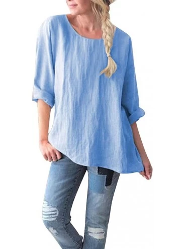 Shapewear T Shirts for Women-Women's Round Collar Plain Colour Loose Size Cotton and Hemp Jacket Blouse Tops - Blue - CA18T8D...