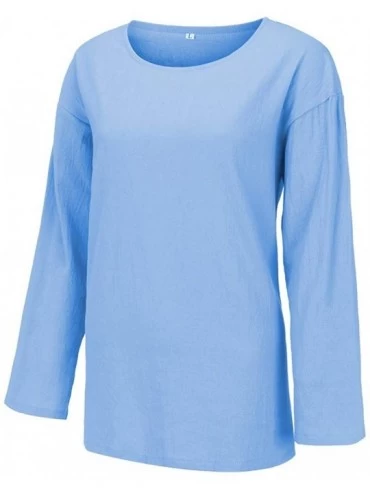 Shapewear T Shirts for Women-Women's Round Collar Plain Colour Loose Size Cotton and Hemp Jacket Blouse Tops - Blue - CA18T8D...