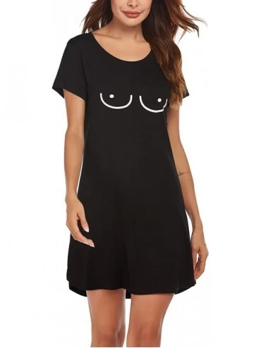 Nightgowns & Sleepshirts Nightgown for Women Sleeping Short Sleeve Sleep Dress Cute Print Night Shirts Comfy Sleepwear - Blac...