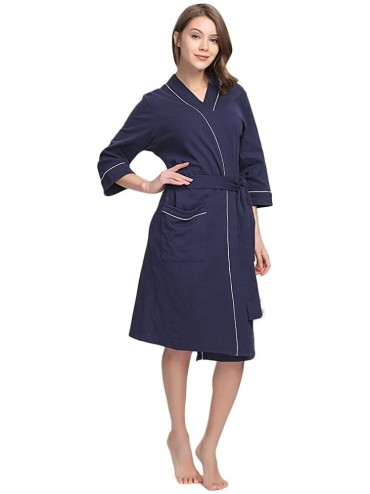 Robes Womens Cotton Robe Soft Kimono Spa Knit Bathrobe Lightweight Long - Navy - CB180HZ3QMW $42.65