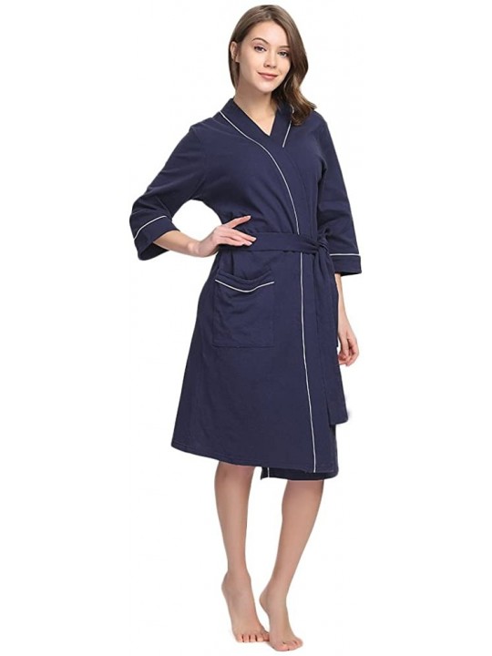 Robes Womens Cotton Robe Soft Kimono Spa Knit Bathrobe Lightweight Long - Navy - CB180HZ3QMW $44.12