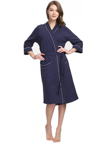 Robes Womens Cotton Robe Soft Kimono Spa Knit Bathrobe Lightweight Long - Navy - CB180HZ3QMW $42.16