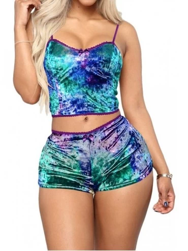 Sets Women's Velvet 2 Piece Outfit Spaghetti Strap Crop Top with Shorts Sexy Pajama Sets - A_starry Blue - CW19CDLHZOM $38.23