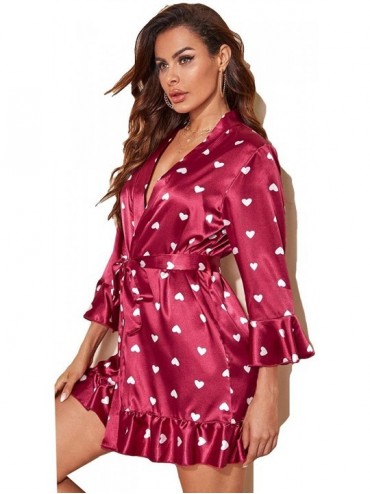 Robes Women's Floral Print Ruffle Hem Belted Satin Kimono Bridesmaids Robe - Red Heart - CP19DSOXI08 $21.95