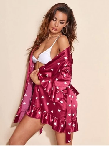 Robes Women's Floral Print Ruffle Hem Belted Satin Kimono Bridesmaids Robe - Red Heart - CP19DSOXI08 $21.95