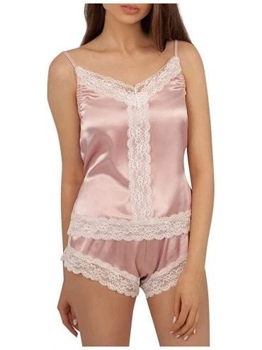 Baby Dolls & Chemises Women Satin Lingerie Bodysuit Stretch Teddy One Piece Lace Babydoll Short Jumpsuit Pajamas - Pink - C01...
