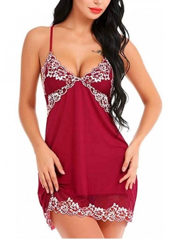 Baby Dolls & Chemises v-Neck Lingerie Sexy Lace Babydoll Mesh Chemise Nightwear Outfits(S-XL) - Red - CW193CC8SA3 $36.39