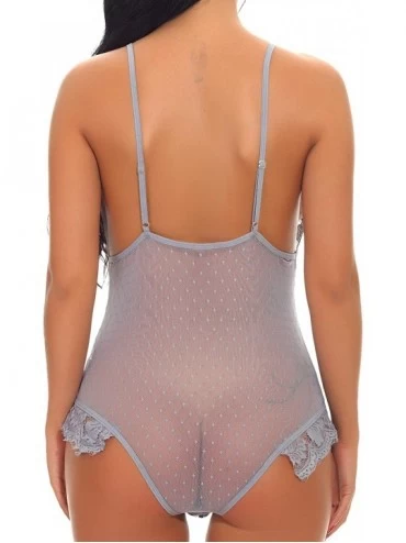 Baby Dolls & Chemises Womens V Neck Bodysuit Lace Lingerie Transparent Teddy Nightwear - Grey - C31983ARXQO $21.08
