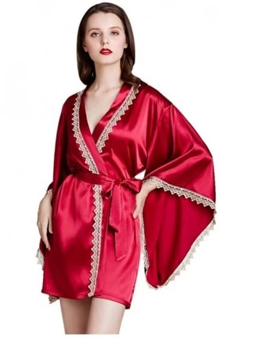Robes Simulation Silk Women's Fashion Stitching Soft Silky Solid Belt V Neck Home Service Pajamas - Gold-1 - CU194UCAZ4H $34.37