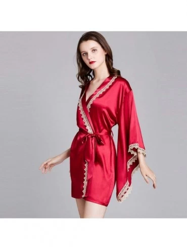 Robes Simulation Silk Women's Fashion Stitching Soft Silky Solid Belt V Neck Home Service Pajamas - Gold-1 - CU194UCAZ4H $16.52