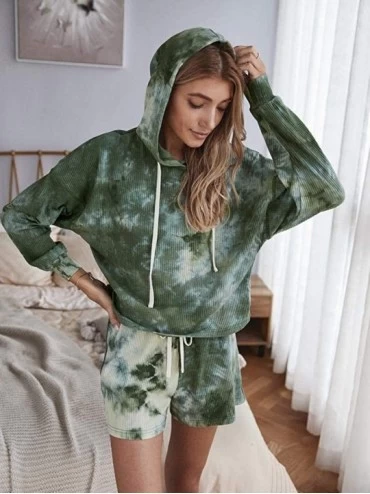 Sets Women Tie dye Pajama Set Nightwear Sleepwear Cute Drawstring V Neck Tie Dyed Loungewear Hoodies with Shorts Army Green -...