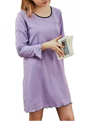 Nightgowns & Sleepshirts Women's Casual Sleep Dress Long Sleeves Cotton Pocket Loungewear Solid Nightgown - Purple - CP18X646...