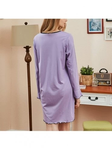 Nightgowns & Sleepshirts Women's Casual Sleep Dress Long Sleeves Cotton Pocket Loungewear Solid Nightgown - Purple - CP18X646...