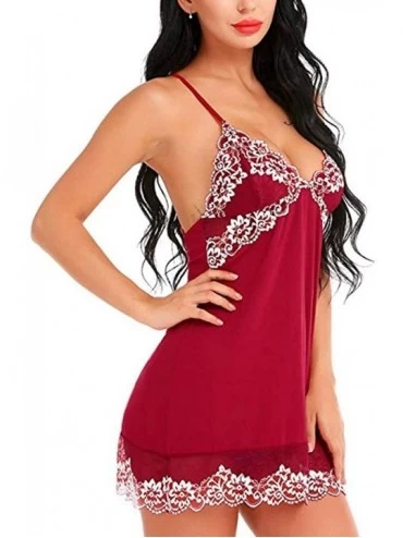 Baby Dolls & Chemises v-Neck Lingerie Sexy Lace Babydoll Mesh Chemise Nightwear Outfits(S-XL) - Red - CW193CC8SA3 $19.02