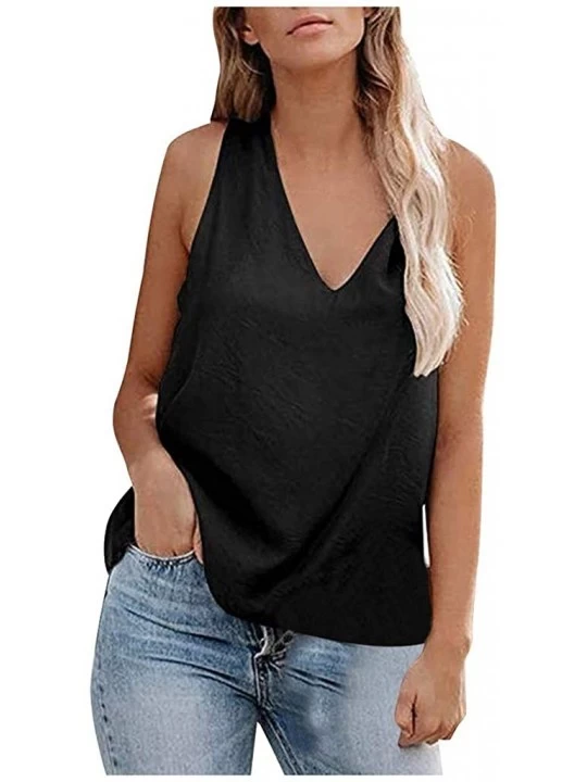 Thermal Underwear Women V Neck Solid Color Cross Back Tank Tops Casual Loose Sleeveless Vest Blouse - Black - CX1977L2OW6 $14.62