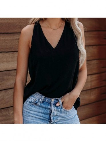 Thermal Underwear Women V Neck Solid Color Cross Back Tank Tops Casual Loose Sleeveless Vest Blouse - Black - CX1977L2OW6 $28.87