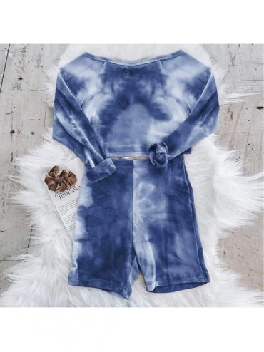 Sets Women's Tie-Dye Pajamas Set Long Sleeve Tops Bodycon Shorts Loungewear Sets Sleepwear - Blue - CK199OX7RXQ $28.93