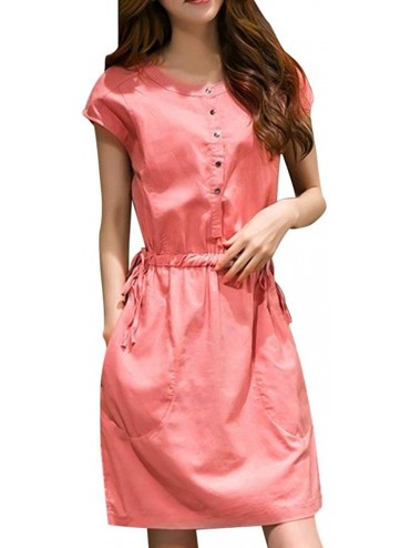 Tops Button Down Shirt Dress for Women Elegant Knee Length Short Sleeve Dresses Party - Pink - CP18GUQG7ZG $32.21